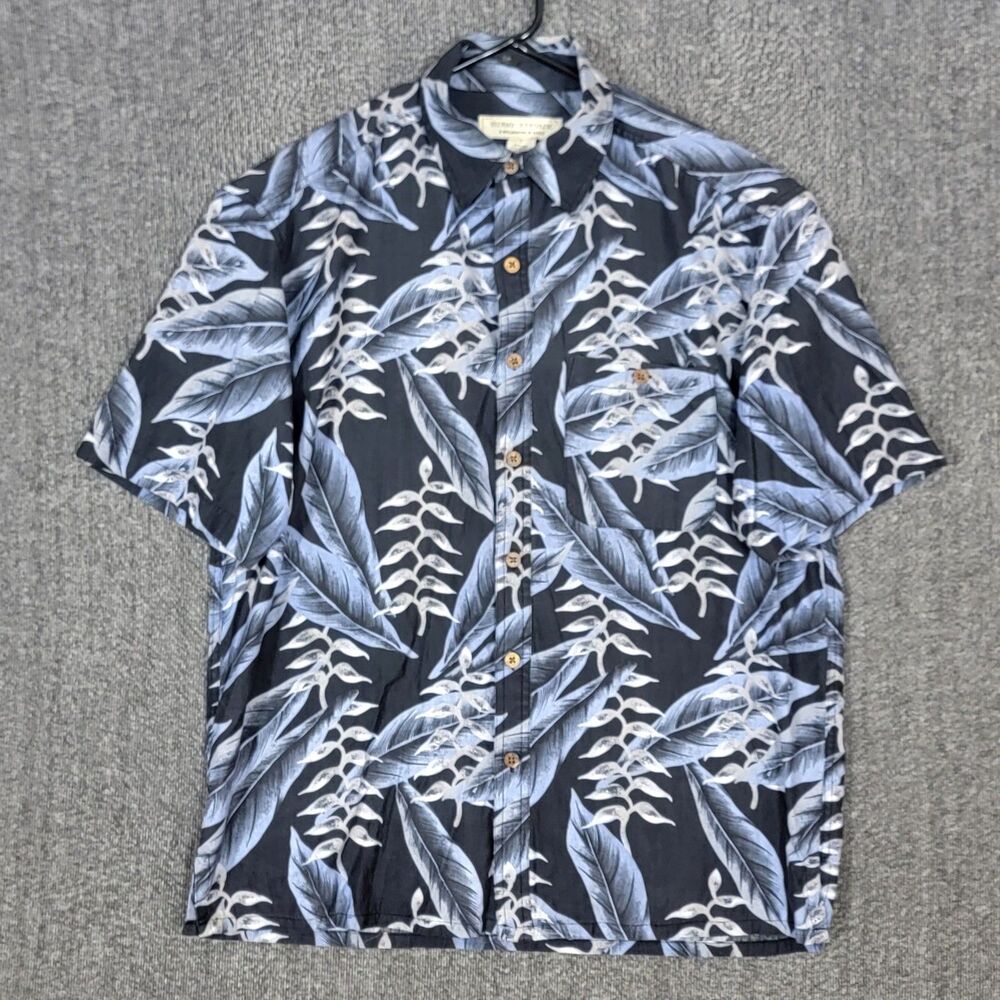Vintage Island Republic Hawaiian Shirt Mens Large Blue Silk Floral Tropical